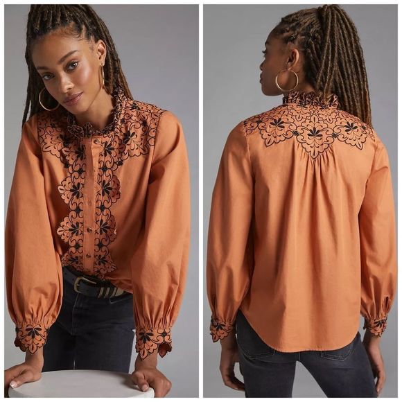 Anthropologie Scalloped Embroidered Buttondown NWT Size 10 - Picture 1 of 9